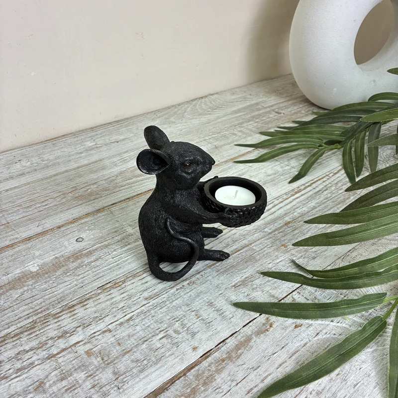 Teelichthalter Maus schwarz Kunststoff 12,5cm