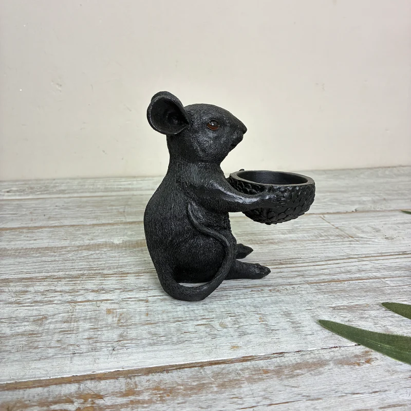 Teelichthalter Maus schwarz Kunststoff 12,5cm
