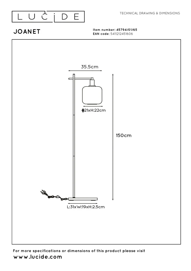 Stehleuchte Joanet mit Glasschirm Rauchgrau 150cm