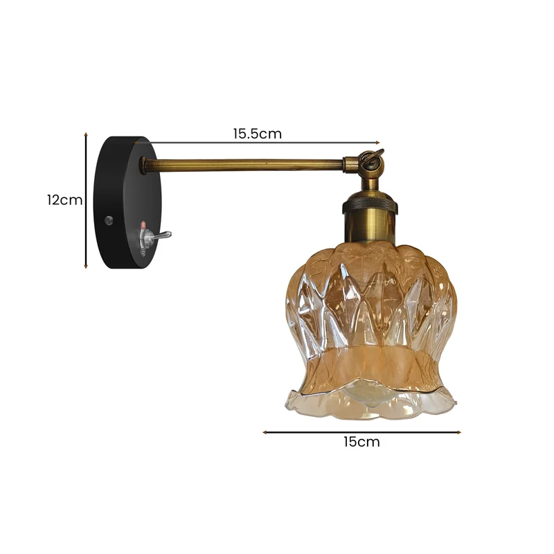 Vintage Wandleuchte aus Messing mit verstellbarem Arm, Glasschirm ~3309