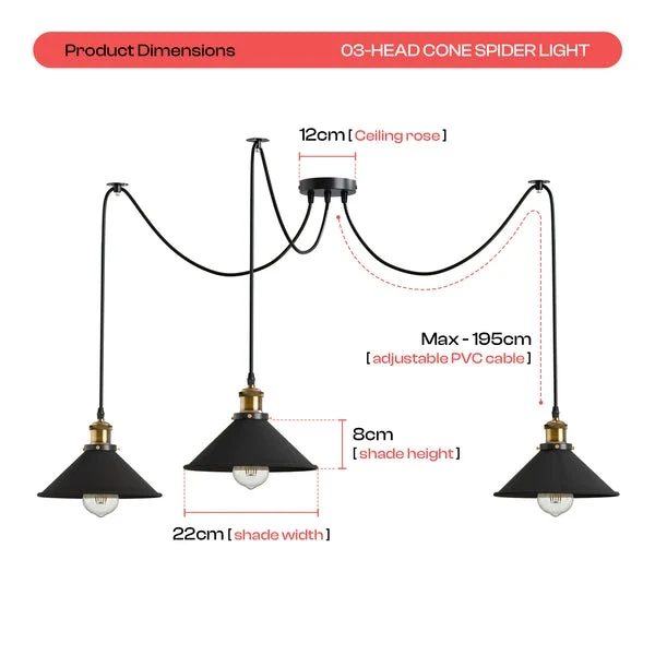 Schwarze Spinnenlampe Vintage – Industrie Pendelleuchte Auswählbar | Ø 22cm | E27 ~3308
