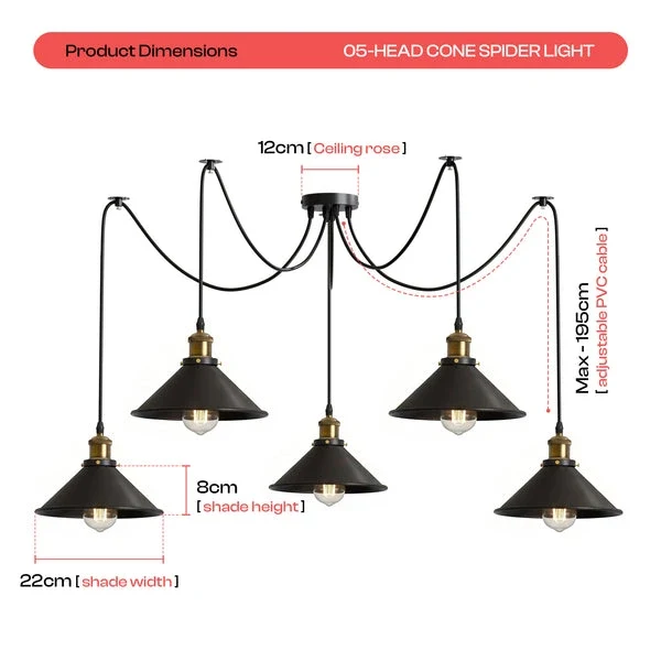 Schwarze Spinnenlampe Vintage – Industrie Pendelleuchte Auswählbar | Ø 22cm | E27 ~3308
