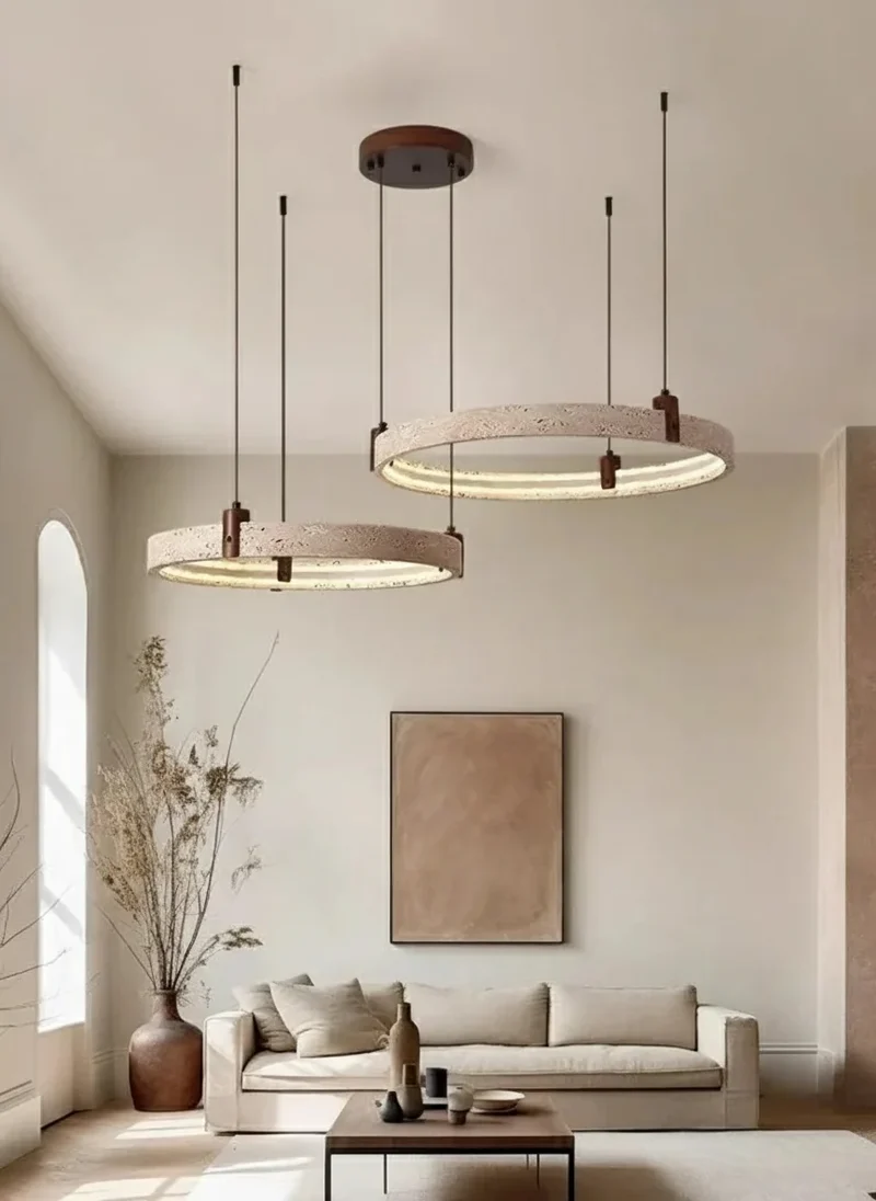 Natuursteen Plafondlamp Travertin Rond LED Dimbaar Woonkamer Eetkamer Hanglamp Luxe Design Interieur | Sansoti