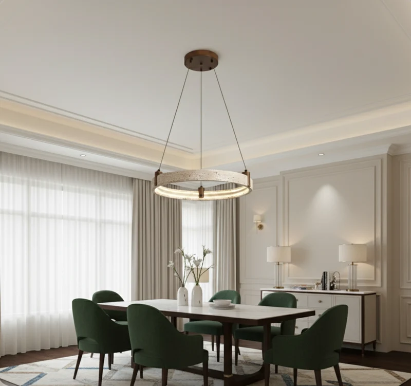 Natuursteen Plafondlamp Travertin Rond LED Dimbaar Woonkamer Eetkamer Hanglamp Luxe Design Interieur | Sansoti