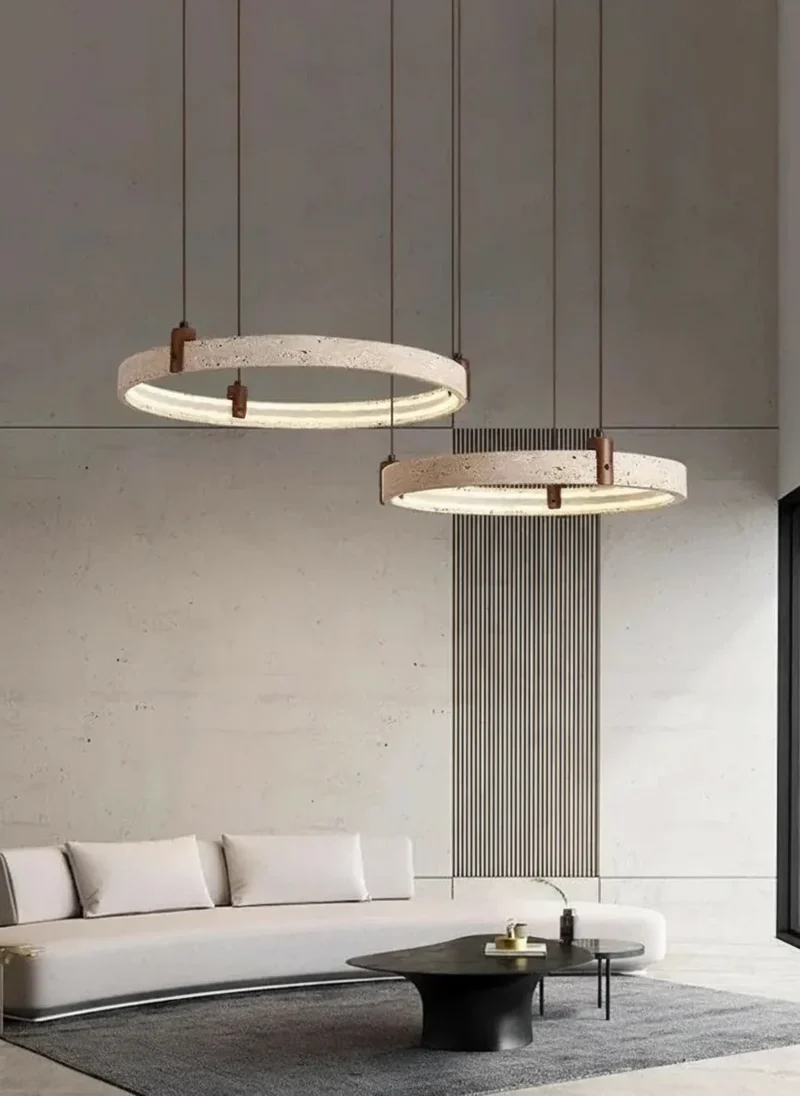 Natuursteen Plafondlamp Travertin Rond LED Dimbaar Woonkamer Eetkamer Hanglamp Luxe Design Interieur | Sansoti
