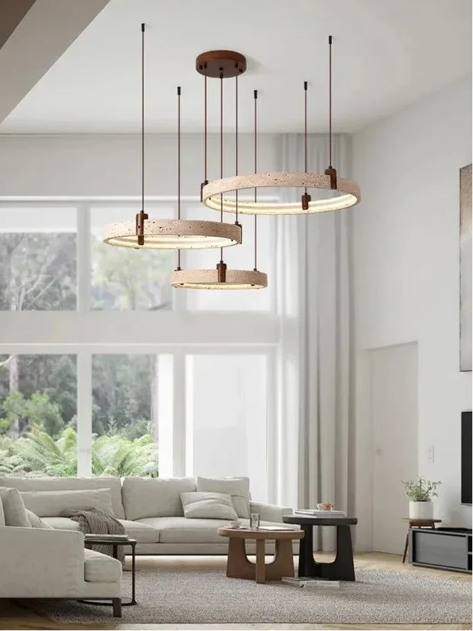 Natuursteen Plafondlamp Travertin Rond LED Dimbaar Woonkamer Eetkamer Hanglamp Luxe Design Interieur | Sansoti