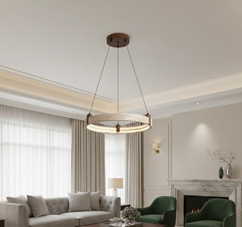 Natuursteen Plafondlamp Travertin Rond LED Dimbaar Woonkamer Eetkamer Hanglamp Luxe Design Interieur | Sansoti