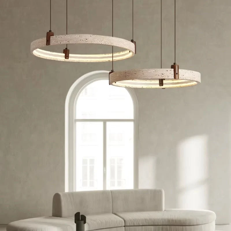Natuursteen Plafondlamp Travertin Rond LED Dimbaar Woonkamer Eetkamer Hanglamp Luxe Design Interieur | Sansoti