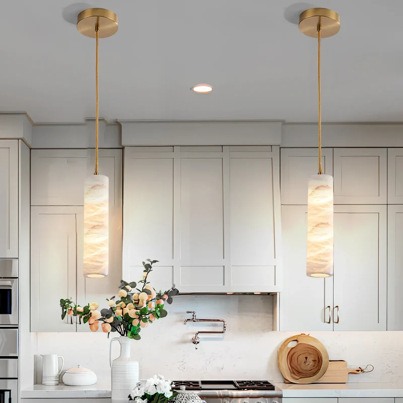 Hanglamp Natuursteen Alabaster Messing LED Verstelbaar Koord 150cm Eettafel Keuken Woonkamer Design Verlichting | Sansoti