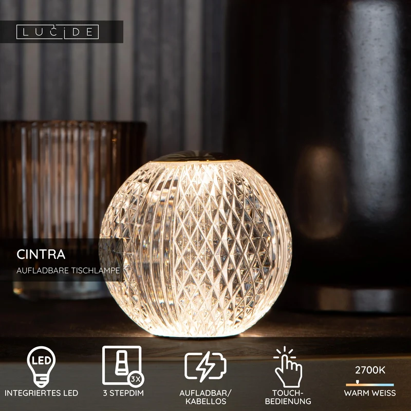 LED-Tischleuchte Cintra mit Akku und Touchdimmer Ø 11cm