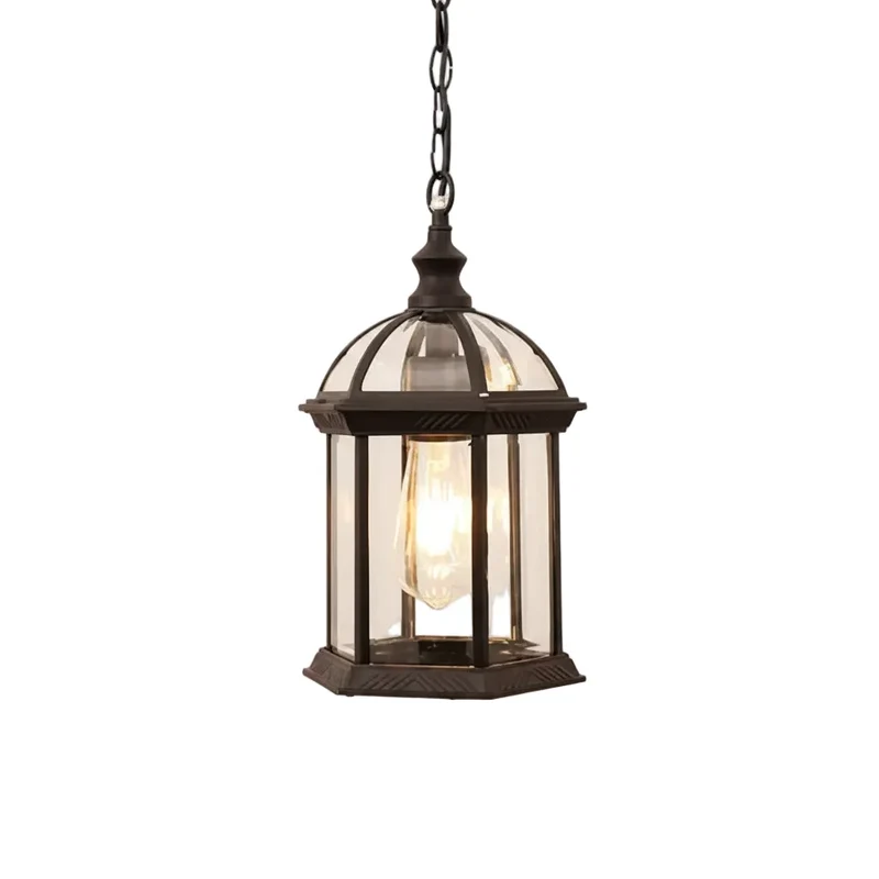 Zeshoekige Hanglamp Buiten Metaal Glas Transparant Zwart Veranda Terras Entree Tuinverlichting Buitenlamp | Sansoti