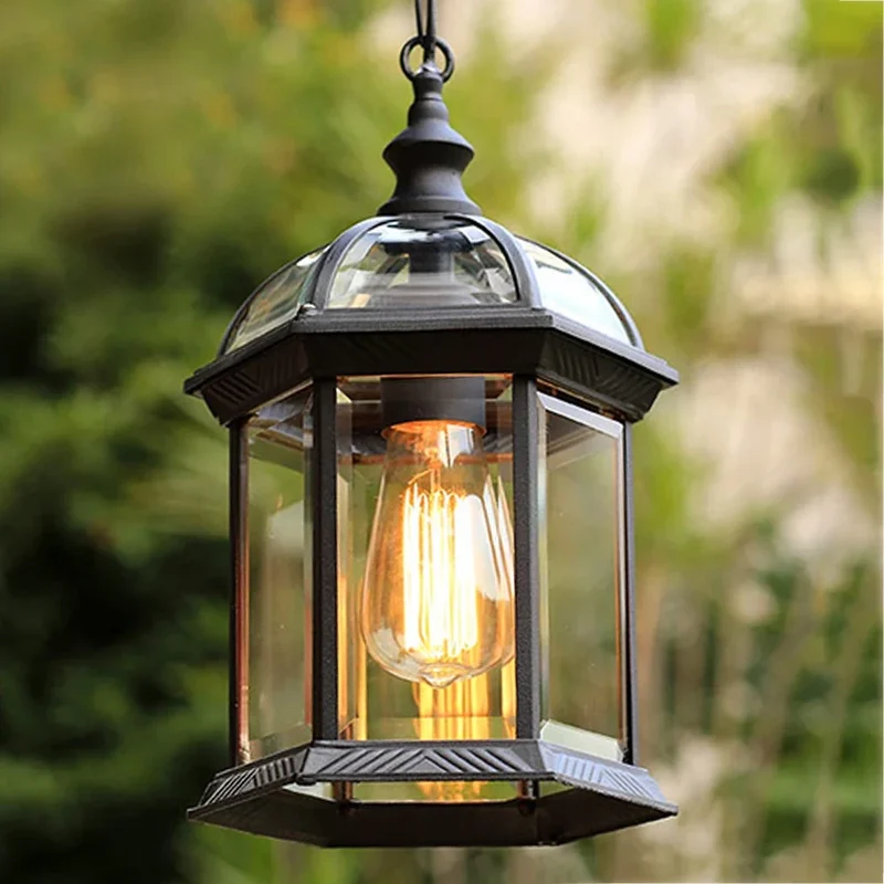 Zeshoekige Hanglamp Buiten Metaal Glas Transparant Zwart Veranda Terras Entree Tuinverlichting Buitenlamp | Sansoti