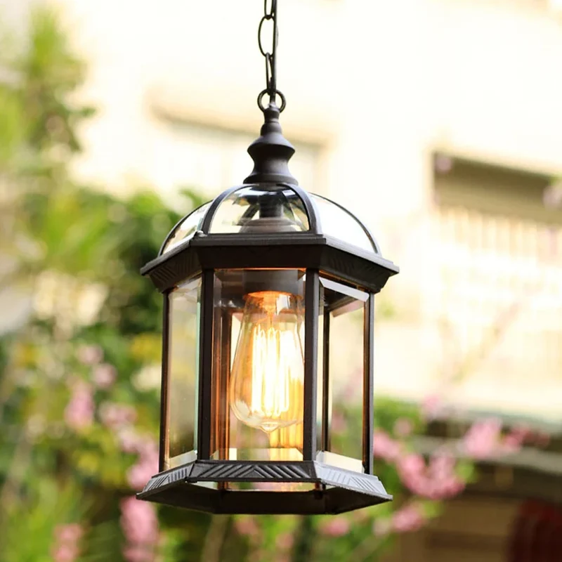 Zeshoekige Hanglamp Buiten Metaal Glas Transparant Zwart Veranda Terras Entree Tuinverlichting Buitenlamp | Sansoti