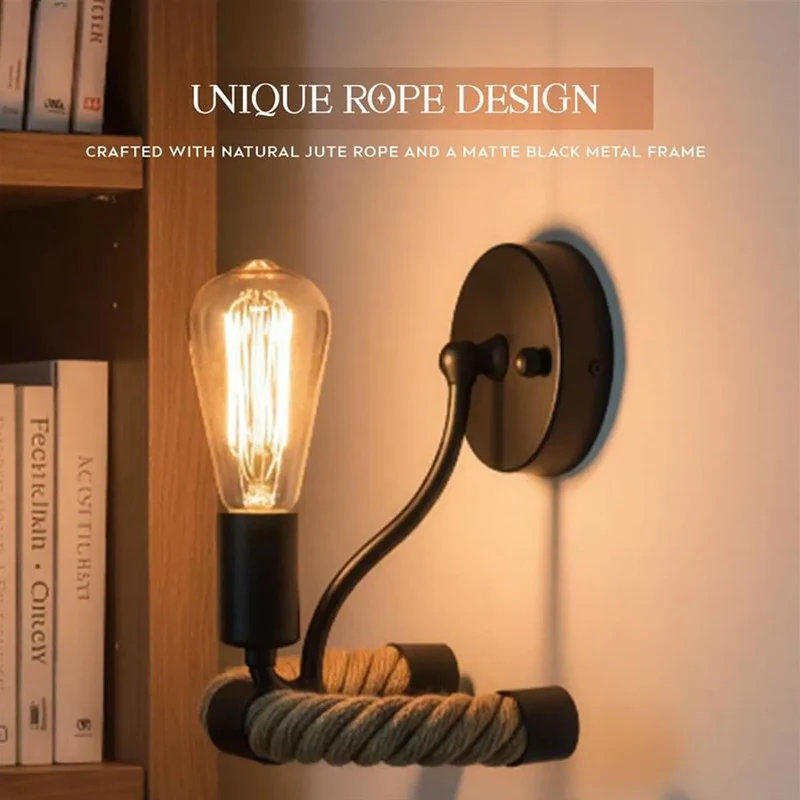 Retro Industrie Loft Seil Wandleuchte Schwarz | E27 Edison~3442