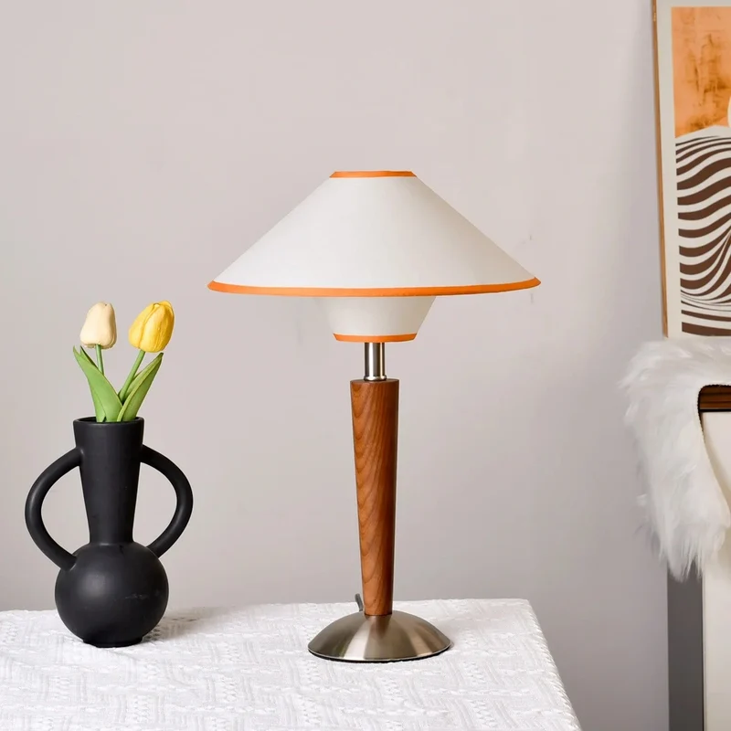 Kegelkap Tafellamp met Houten Voet Stof Scandinavisch Design Slaapkamer Woonkamer Leeslamp LED Verlichting | Sansoti