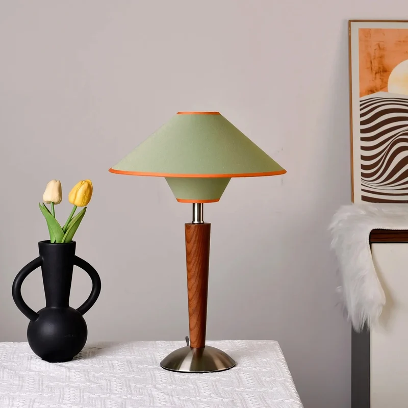 Kegelkap Tafellamp met Houten Voet Stof Scandinavisch Design Slaapkamer Woonkamer Leeslamp LED Verlichting | Sansoti