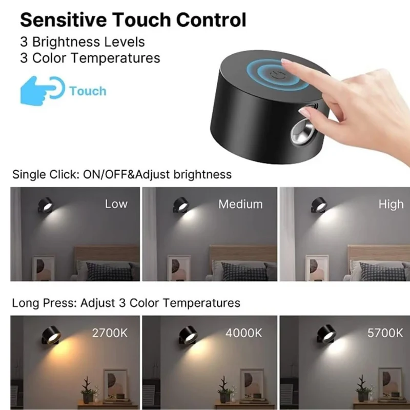 Magnetische Wandlamp Draadloos Oplaadbaar met Afstandsbediening 360° Draaibaar LED Cilinder Dimbaar Sfeerlicht | Sansoti