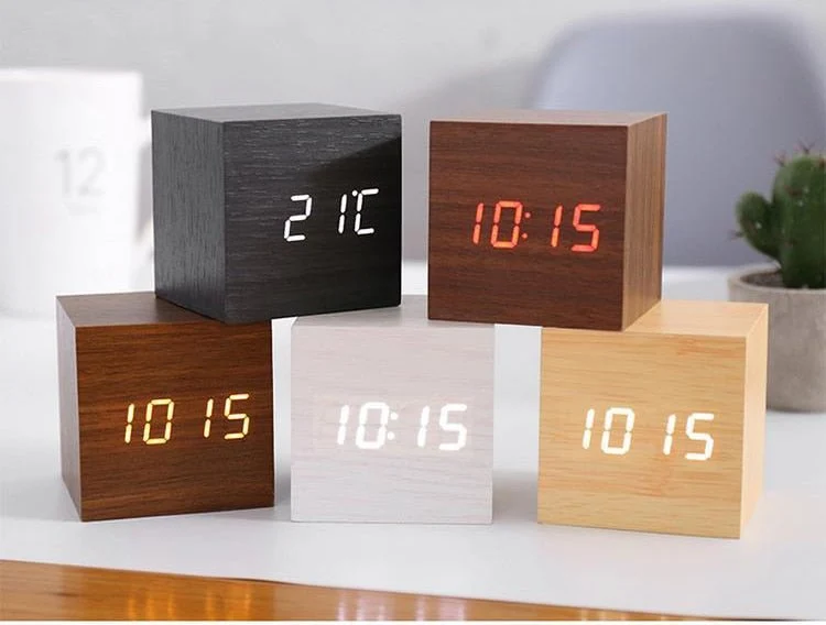 Digitale Wekker Kubus Houtlook LED Display Geluidsactivatie Alarm Temperatuur Timer Slaapkamer Kantoor | Sansoti