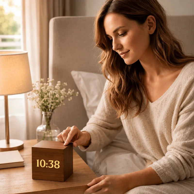 Digitale Wekker Kubus Houtlook LED Display Geluidsactivatie Alarm Temperatuur Timer Slaapkamer Kantoor | Sansoti