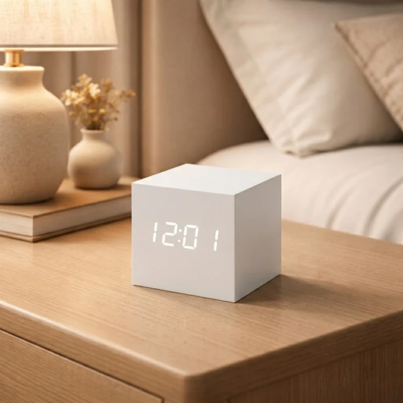 Digitale Wekker Kubus Houtlook LED Display Geluidsactivatie Alarm Temperatuur Timer Slaapkamer Kantoor | Sansoti