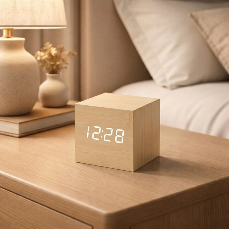 Digitale Wekker Kubus Houtlook LED Display Geluidsactivatie Alarm Temperatuur Timer Slaapkamer Kantoor | Sansoti