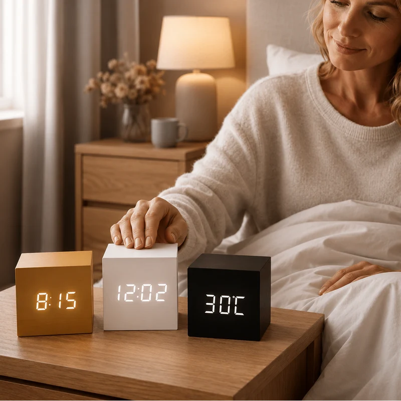 Digitale Wekker Kubus Houtlook LED Display Geluidsactivatie Alarm Temperatuur Timer Slaapkamer Kantoor | Sansoti