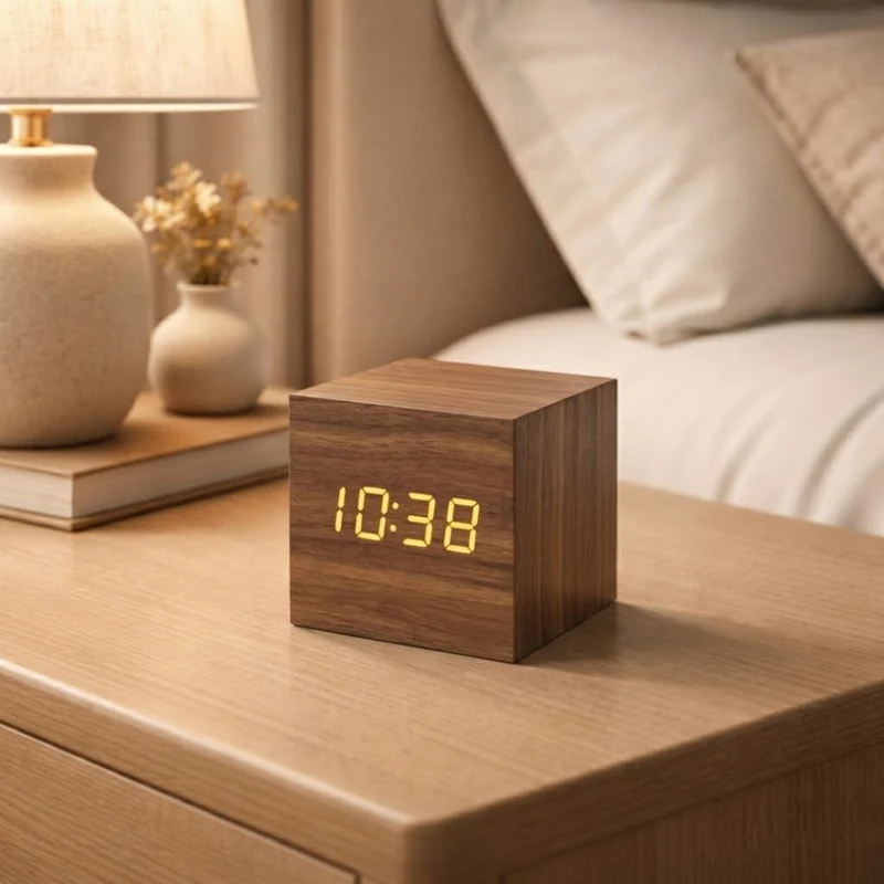 Digitale Wekker Kubus Houtlook LED Display Geluidsactivatie Alarm Temperatuur Timer Slaapkamer Kantoor | Sansoti