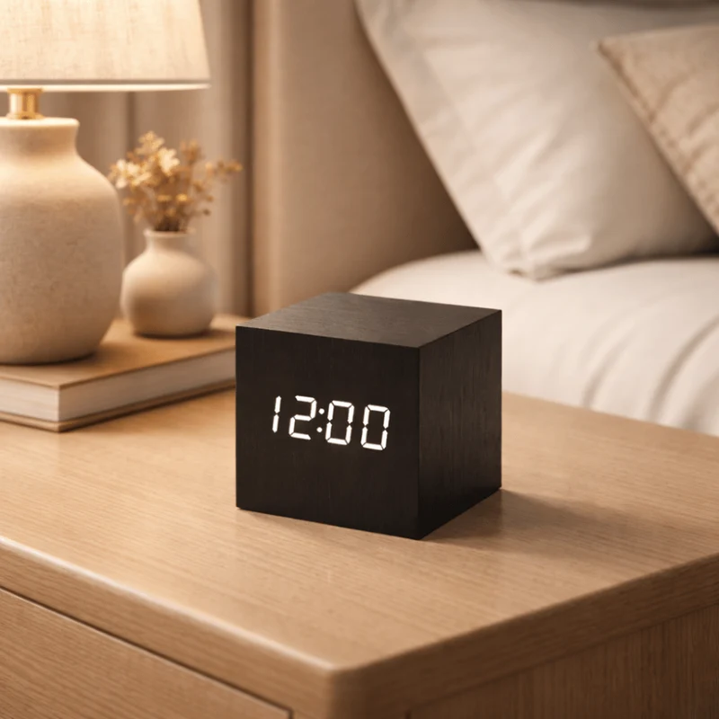 Digitale Wekker Kubus Houtlook LED Display Geluidsactivatie Alarm Temperatuur Timer Slaapkamer Kantoor | Sansoti