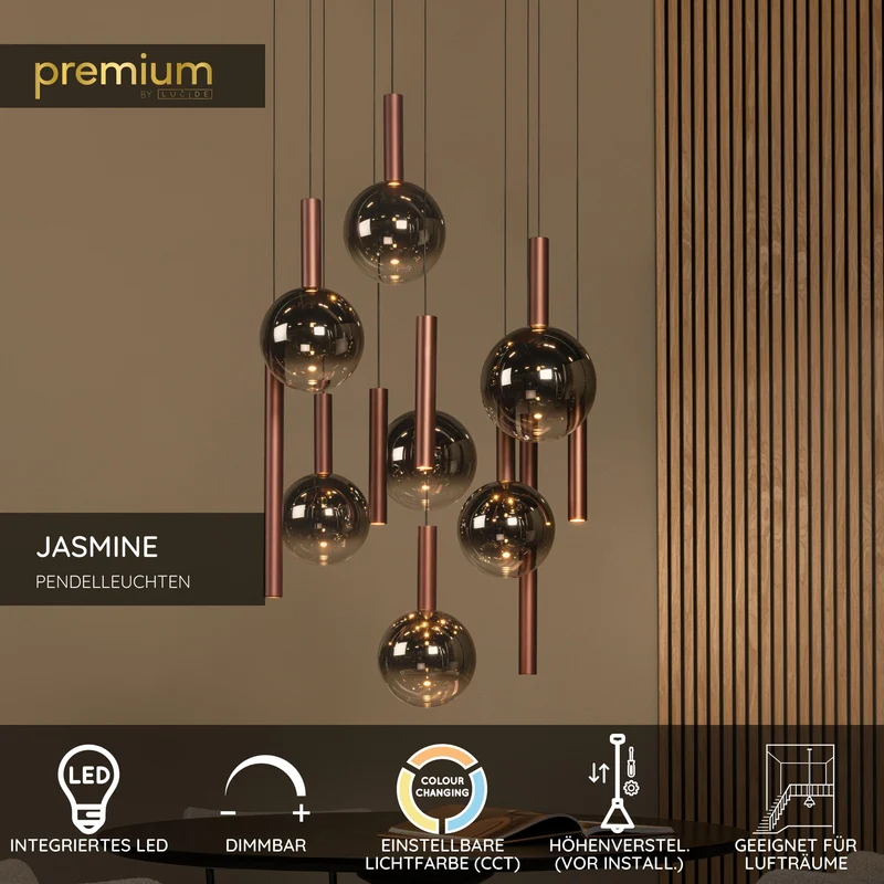 LED-Pendelleuchte Jasmine 12-flammig dimmbar CCT Glas Kupfer 75cm