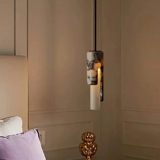 Hanglamp Cilinder Marmer Glas Warm Licht Eetkamer Woonkamer Slaapkamer Foyer Design Natuursteen 30cm | Sansoti