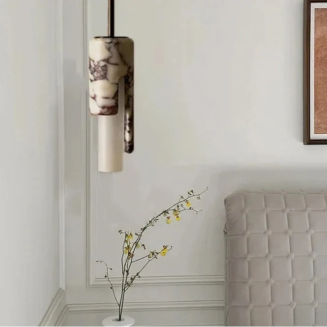 Hanglamp Cilinder Marmer Glas Warm Licht Eetkamer Woonkamer Slaapkamer Foyer Design Natuursteen 30cm | Sansoti