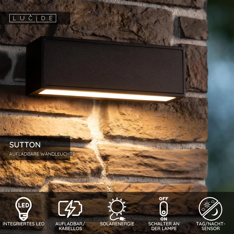 LED-Außenwandleuchte Sutton solar mit Dämmerungssensor IP54 Schwarz