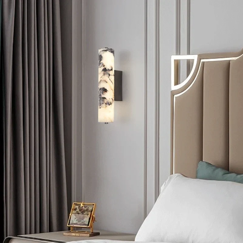 Marmeren Wandlamp Smal Verticaal LED 28cm Warm Wit Licht Natuursteen Design Gang Slaapkamer Hal Woonkamer | Sansoti