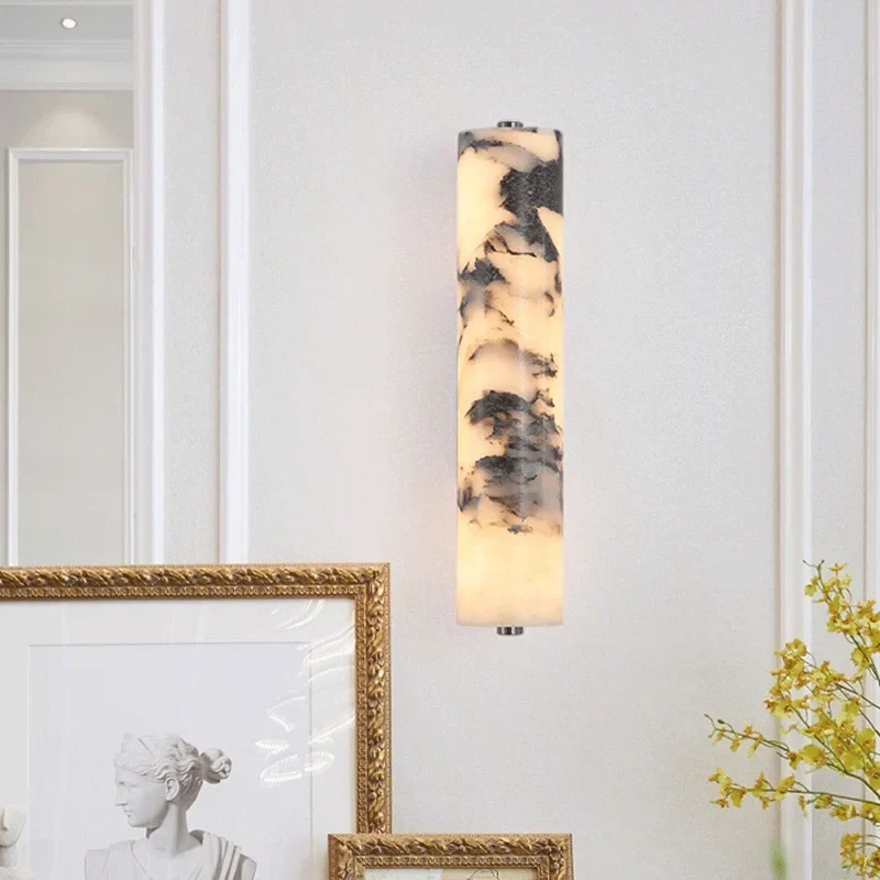 Marmeren Wandlamp Smal Verticaal LED 28cm Warm Wit Licht Natuursteen Design Gang Slaapkamer Hal Woonkamer | Sansoti