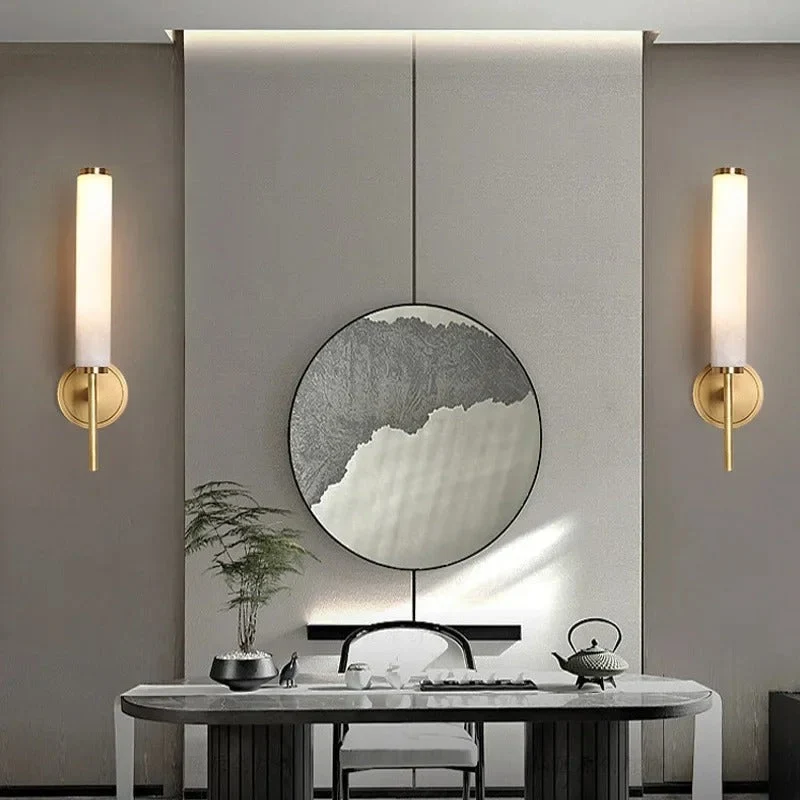 Cilindrische Wandlamp Albast Marmer Modern Zwart Goud LED 48cm Hal Slaapkamer Woonkamer Sfeerverlichting | Sansoti