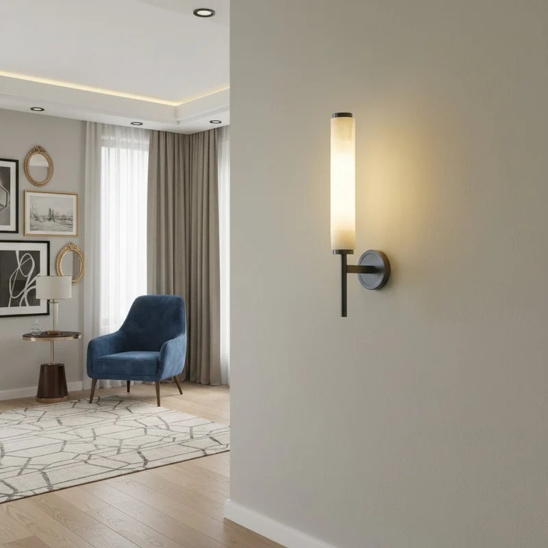 Cilindrische Wandlamp Albast Marmer Modern Zwart Goud LED 48cm Hal Slaapkamer Woonkamer Sfeerverlichting | Sansoti