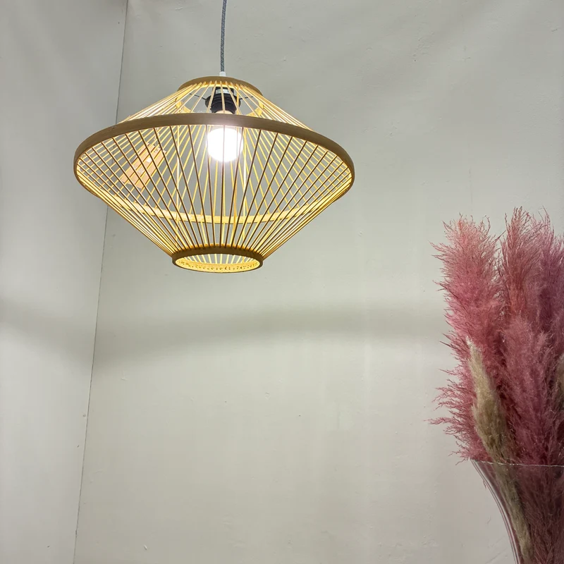 Deckenlampe Beige Bambus Holz Hängeleuchte Boho Skandi Lampe