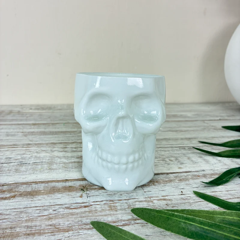 Teelichthalter Totenkopf 10cm Weiß Keramik Kerzenhalter Deko
