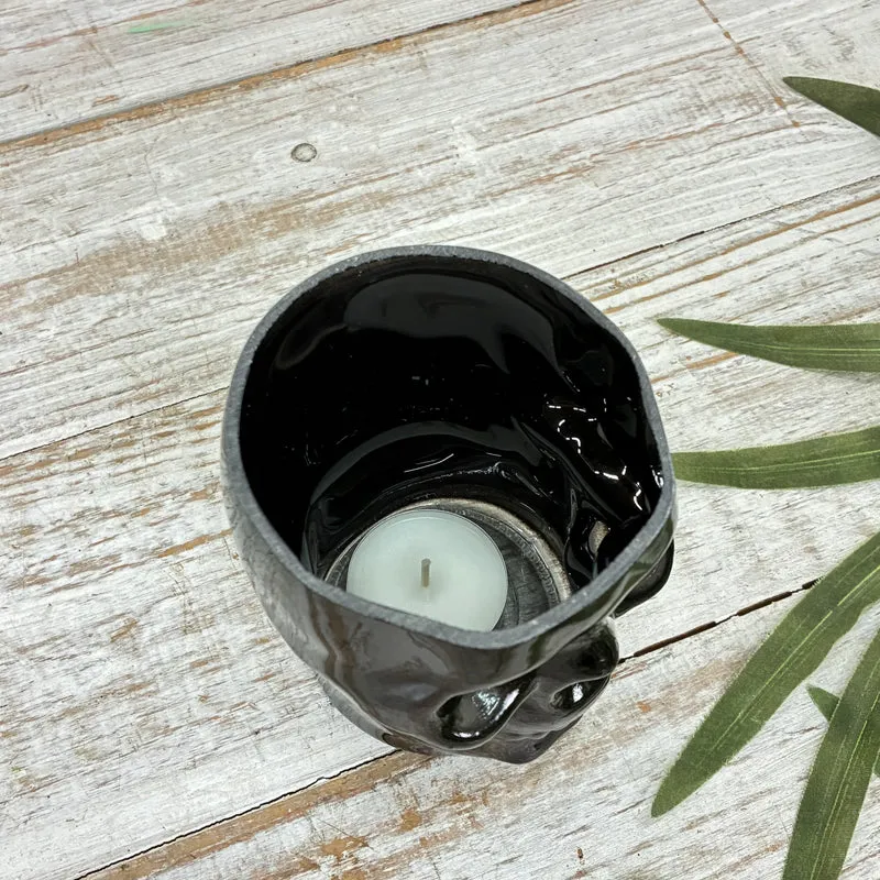 Teelichthalter Totenkopf 10cm Schwarz Keramik Kerzenhalter Deko