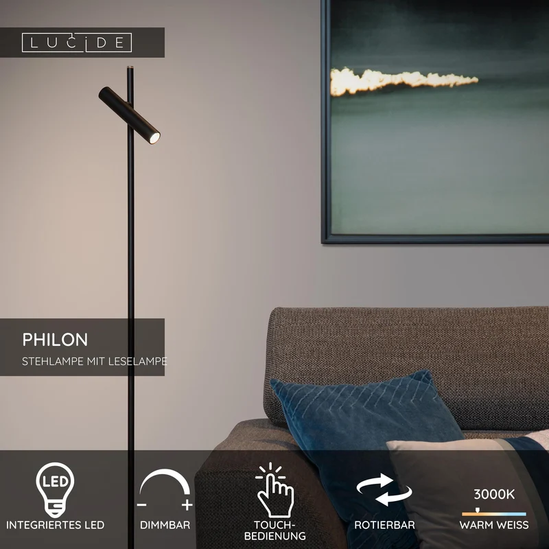 LED-Lese-Stehleuchte Philon drehbar mit Touchdimmer