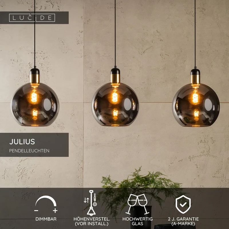 Pendelleuchte Julius 3-flammig Glas Rauchgrau