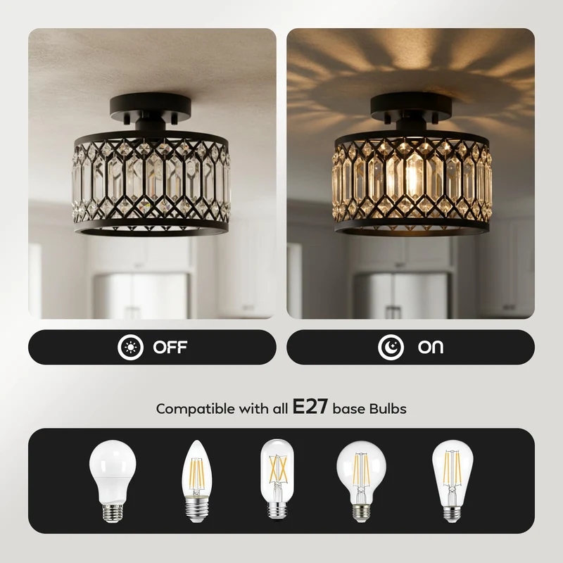 LED Elegante Schwarze Kristall Deckenleuchte E27 ~3398