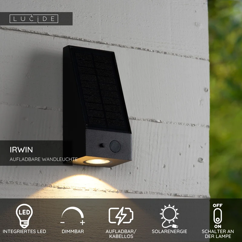 LED-Außenwandleuchte Irwin solarbetrieben IP54 mit Bewegungsmelder Schwarz