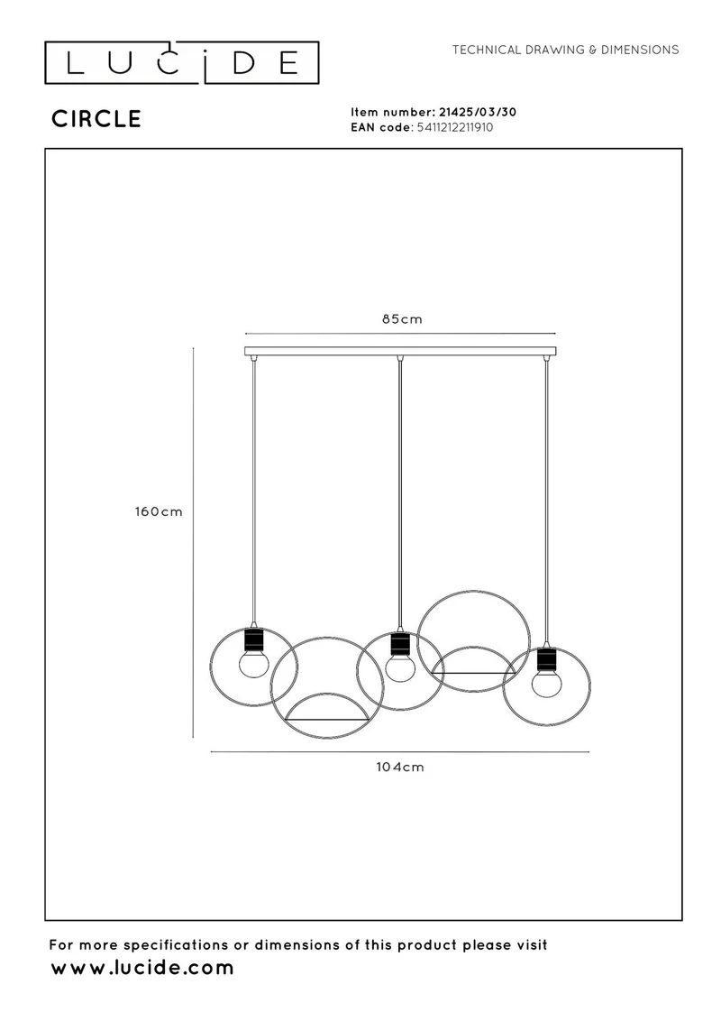 Pendelleuchte Circle 3-flammig Schwarz, Messing 104 cm