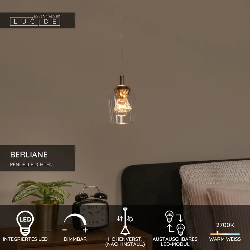LED-Pendelleuchte Berliane dimmbar Glas Transparent