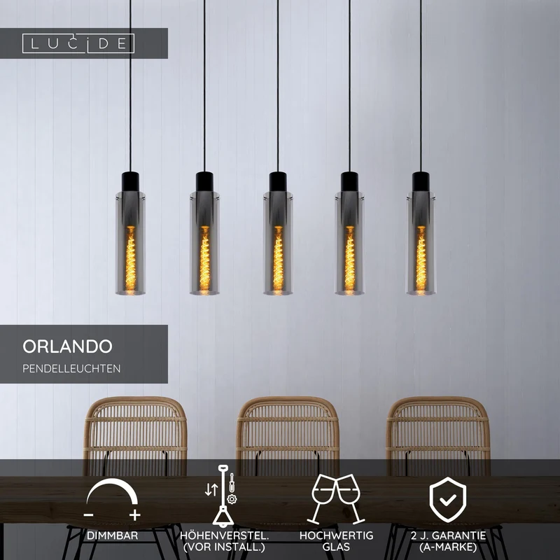 Pendelleuchte Orlando 5-flammig mit Schirm aus Glas Rauchgrau