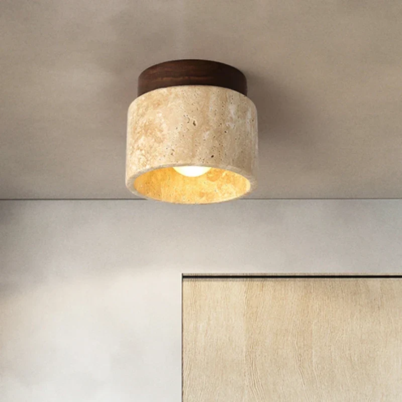 Plafondlamp Travertijn & Hout Naturel Scandinavisch Design Hal Gang Balkon Woonkamer Opbouw LED Verlichting | Sansoti