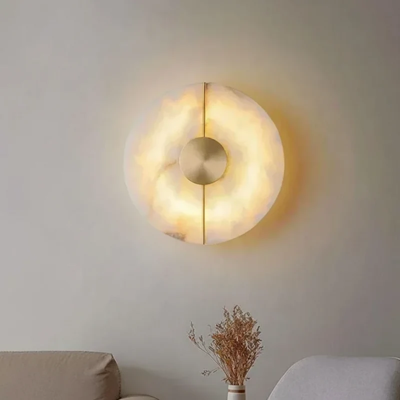 Ronde Wandlamp Natuursteen LED Warm Diffuus Licht Hal Slaapkamer Woonkamer Modern Design Koper Sfeervol | Sansoti