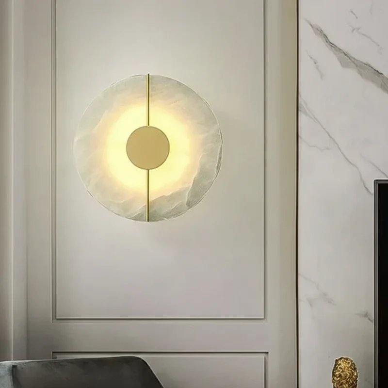 Ronde Wandlamp Natuursteen LED Warm Diffuus Licht Hal Slaapkamer Woonkamer Modern Design Koper Sfeervol | Sansoti