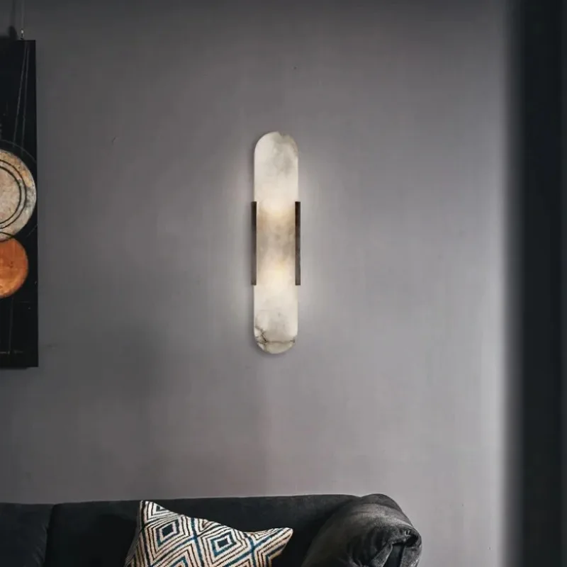 Wandlamp met Natuursteen en Metalen Kap Zwart Goud 35cm 50cm LED Verlichting voor Slaapkamer Woonkamer Interieur | Sansoti